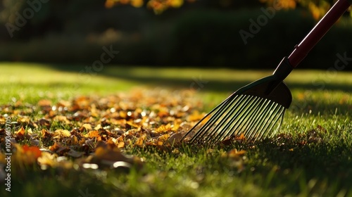 Autumnal Cleaning: Raking Leaves in Golden Sunlight