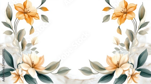 Yellow lilies and green leaves forming a decorative floral border on a white background.