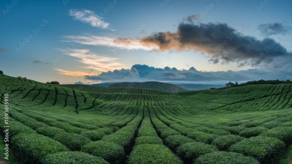 Green Tea Plantation Landscape: Captivating aerial perspective of an endless expanse of lush green tea plants, meticulously planted in neat rows across rolling hills, basking under a sky.