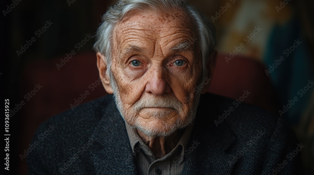 Portrait of a pensive elderly man, his weathered face reflecting a lifetime of experiences. A compelling image capturing age, wisdom, and quiet contemplation.