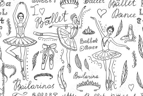 Seamless pattern of ballet themes in doodle style. Ballerina. Dance. Grace, pointe shoes, pointe, ballet tutu, feather, diadem, tiara, coronet, swan lake. Hand drawn