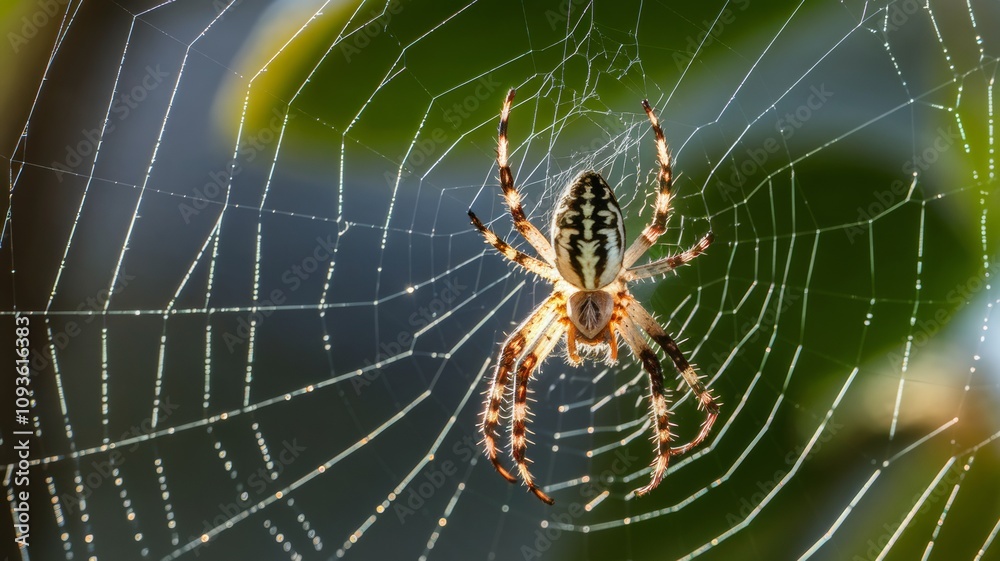 An intricate spider weaving its web in the early morning rays, silk threads glistening with tiny drops of water. An intricate spider weaving its web in the early morning rays, silk threads glistening with tiny drops of water.