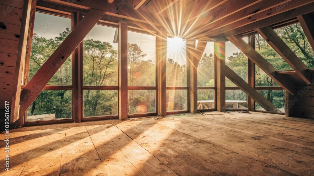Sunlit Sanctuary: Capturing the warm interplay of sunlight streaming through large windows into an empty room. The space reveals the elegance of architecture, light and shadow and nature's embracing. Sunlit Sanctuary: Capturing the warm interplay of sunlight streaming through large windows into an empty room. The space reveals the elegance of architecture, light and shadow and nature's embracing.