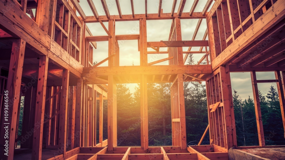 Fototapeta premium Sunlit Construction: A new wooden house framework rises against a backdrop of radiant sunshine, hinting at the dawn of new beginnings and the strength of human creation.