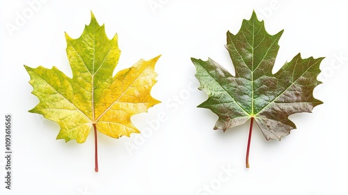 Vibrant contrast between green and yellow maple leaves on white background