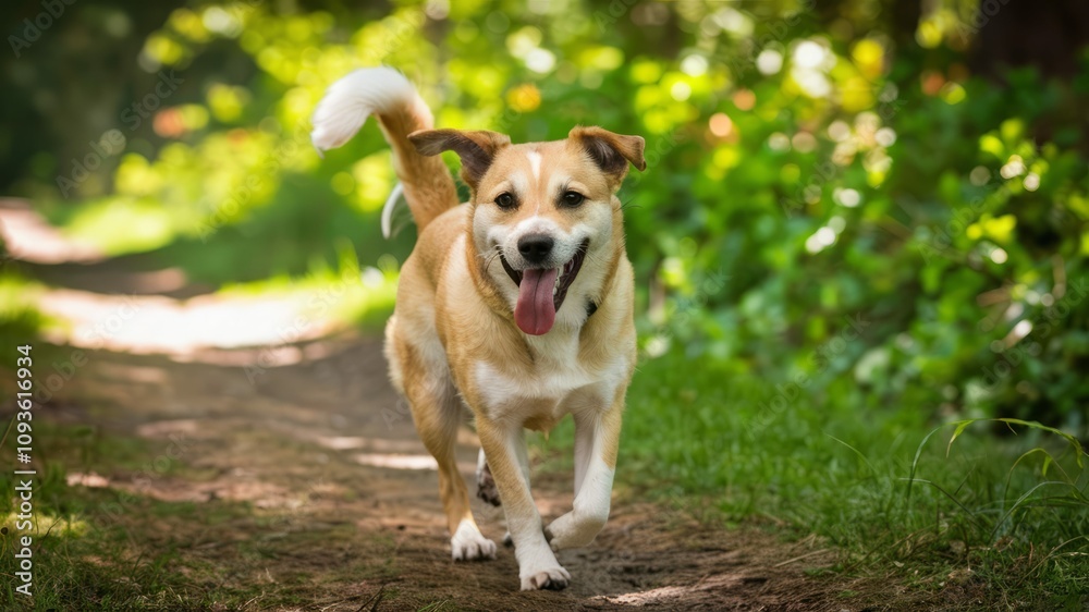 Joyful Run in Sunlight: A happy dog runs towards the camera down a dirt path through a sun-dappled forest, radiating pure joy and energy. Joyful Run in Sunlight: A happy dog runs towards the camera down a dirt path through a sun-dappled forest, radiating pure joy and energy.