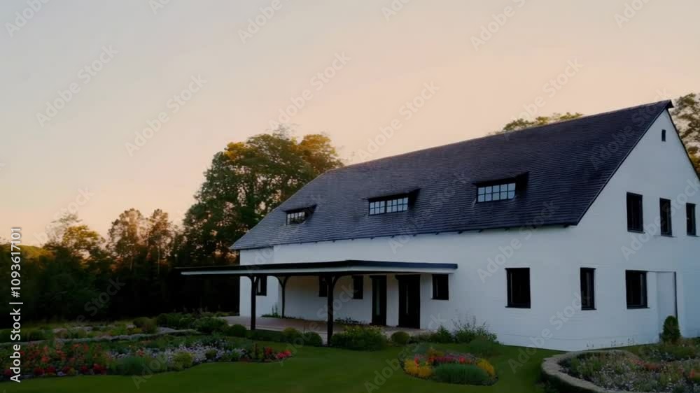A striking modern white farmhouse with a dark shingled roof, black window frames, and a charming covered porch, nestled in a verdant landscape of flourishing trees and manicured gardens. A striking modern white farmhouse with a dark shingled roof, black window frames, and a charming covered porch, nestled in a verdant landscape of flourishing trees and manicured gardens.