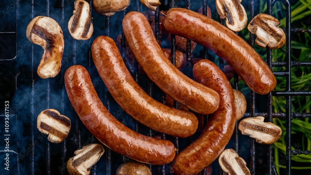 Grilling Delights: An overhead shot captures the sizzle of grilled sausages and mushrooms, their rich textures and smoky flavors promising a delicious meal