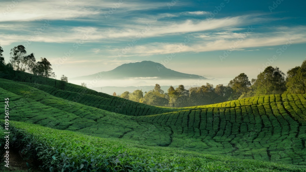 Naklejka premium Serene Tea Plantation: A captivating view of a rolling tea plantation nestled amidst mist-shrouded mountains, bathed in the ethereal glow of dawn.