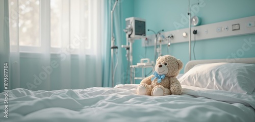 Teddy bear with blue bow sitting on a hospital bed in a brightly lit pediatric ward. Hospital room interior with medical equipment. Children's healthcare and comfort concept.