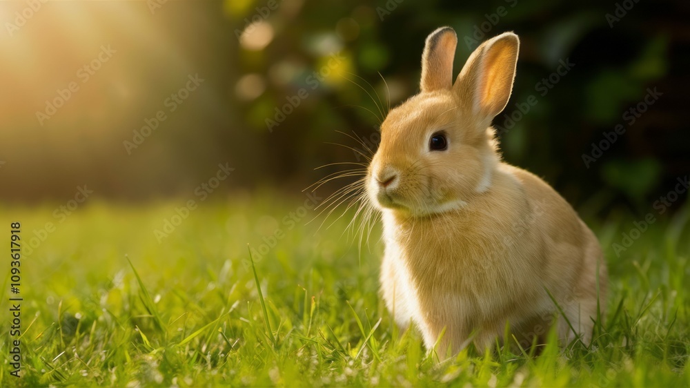 Fototapeta premium Fluffy Bunny in Sunlit Grass: An adorable fluffy bunny basks in the golden sunlight within a bed of vibrant green grass, creating a captivating moment of natural beauty.