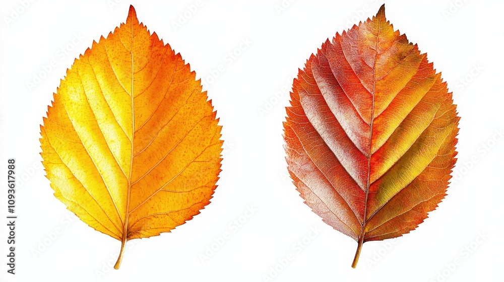 Fototapeta premium Vibrant autumn leaves in detailed close-up against a white background
