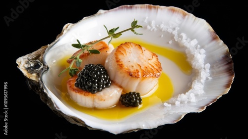 An open oyster shell with divinely fried scallops, exquisite black caviar, a delicate leaf of thyme, a drop of olive oil and a pinch of sea salt.
