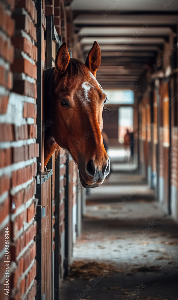 Fototapeta premium horse stable with horses in their stables inside an equestrian center, mare in barn