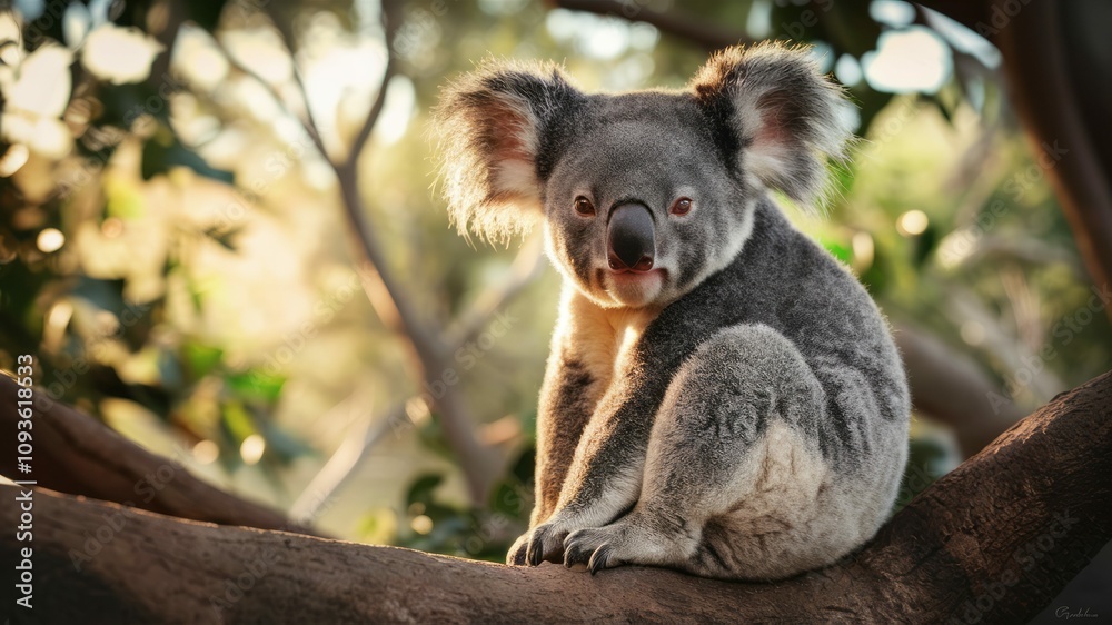Obraz premium Koala in its Natural Habitat: An adorable koala perched on a branch, bathed in soft sunlight, showcases the charm of Australia's unique wildlife.