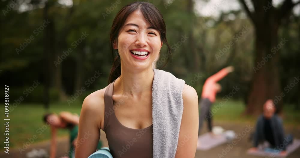 Face, woman and coach with yoga class outdoor for fitness community, spiritual training and mindfulness. Smile, portrait and female person for teaching pilates, holistic healing and wellness in Japan Face, woman and coach with yoga class outdoor for fitness community, spiritual training and mindfulness. Smile, portrait and female person for teaching pilates, holistic healing and wellness in Japan