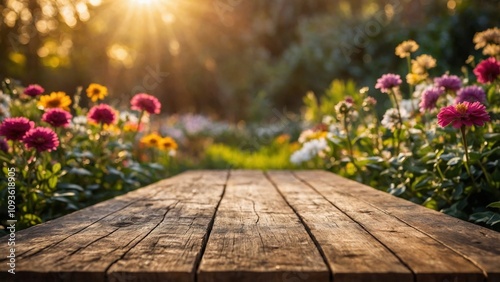 Rustic plank wood board table mockup surface with flower garden and golden hour sunlight background