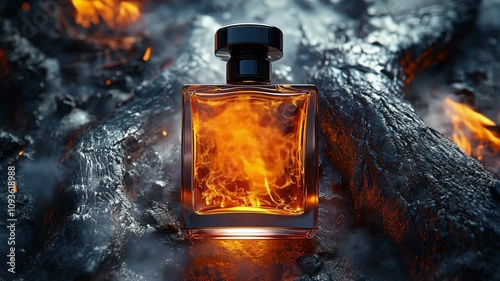 perfume bottle with fire, wood, oud, smoke 
