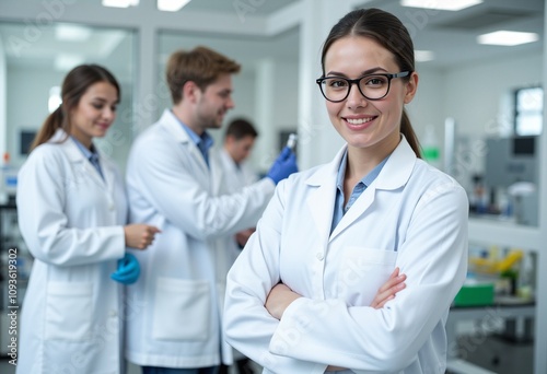 Doctor girl smiling on camera against the background of other doctors