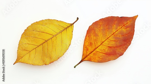 Detailed close-up of autumn leaves on white background photo