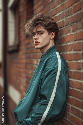 Young man with modern mullet, shag haircut wears retro tracksuit leaning on vintage brick wall. Urban editorial fashion portrait. Trendy style, vintage aesthetic. Stylish urban fashion portrait. Man