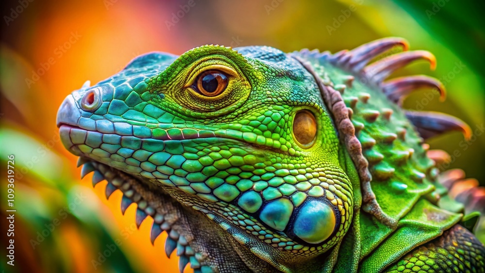 Fototapeta premium Stunning Macro Profile Photo of a Green Iguana with Detailed Scales and Vivid Colors in a Natural Habitat Setting, Highlighting Its Unique Features and Beauty