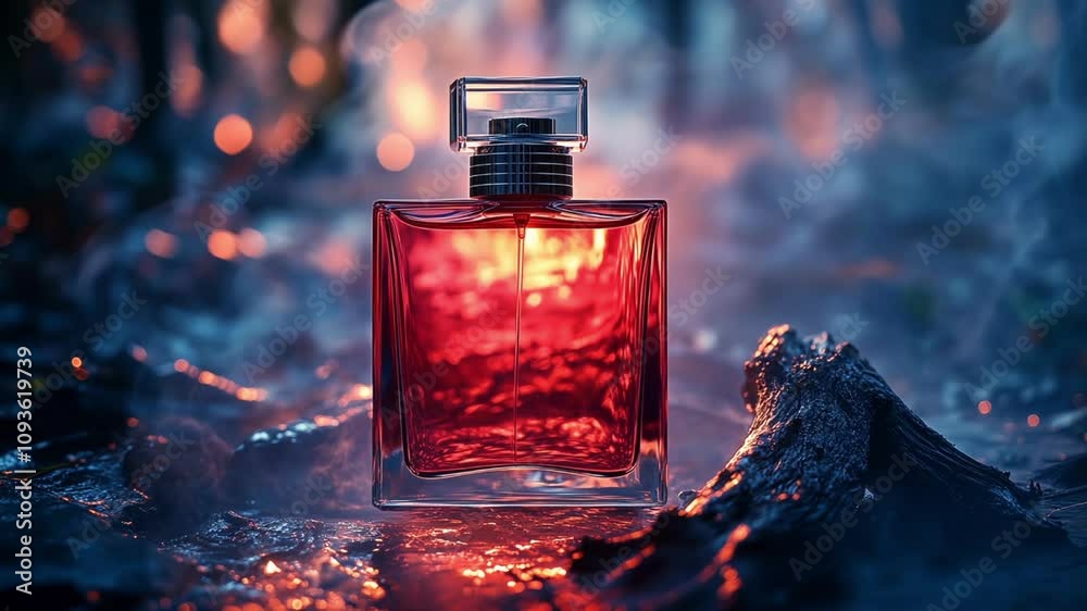 perfume bottle in the forest fog