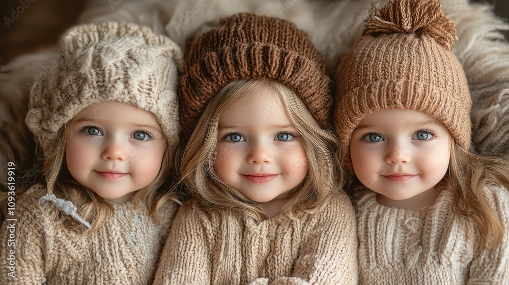 Three young girls in cozy knitted hats and sweaters, smiling warmly together. Three young girls in cozy knitted hats and sweaters, smiling warmly together.