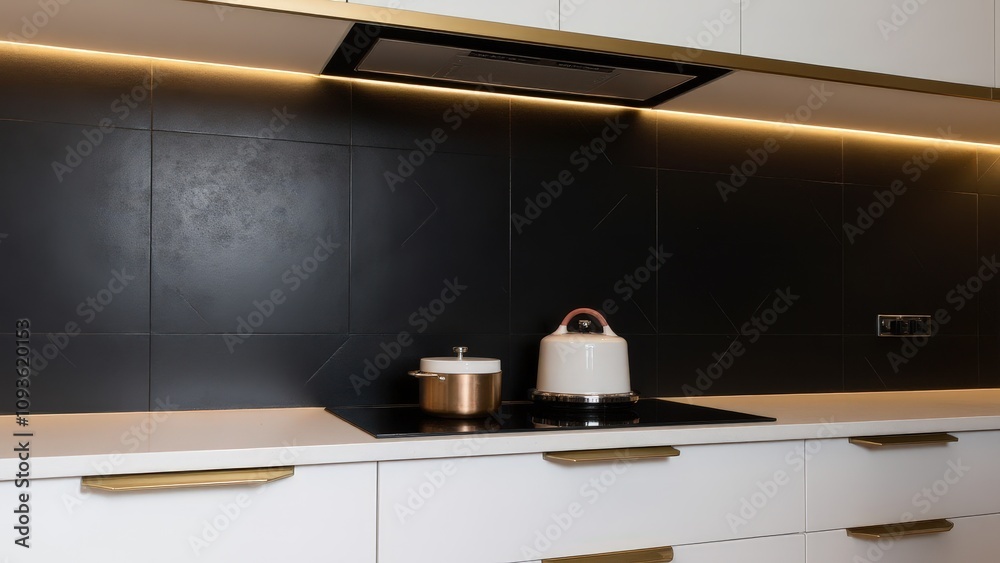 Geometric details on a matte black backsplash add depth to a modern kitchen with white counters, warm lighting, and gold accents.