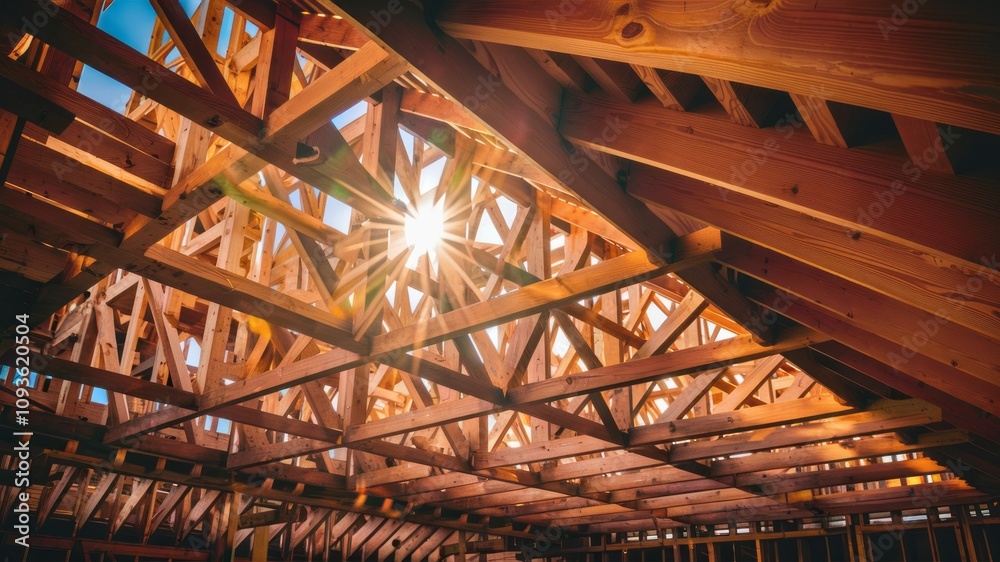 Sunlit Framework: Architectural details showcase the intricate wooden framework of a building's roof. Sunlight streams through the structure. Sunlit Framework: Architectural details showcase the intricate wooden framework of a building's roof. Sunlight streams through the structure.