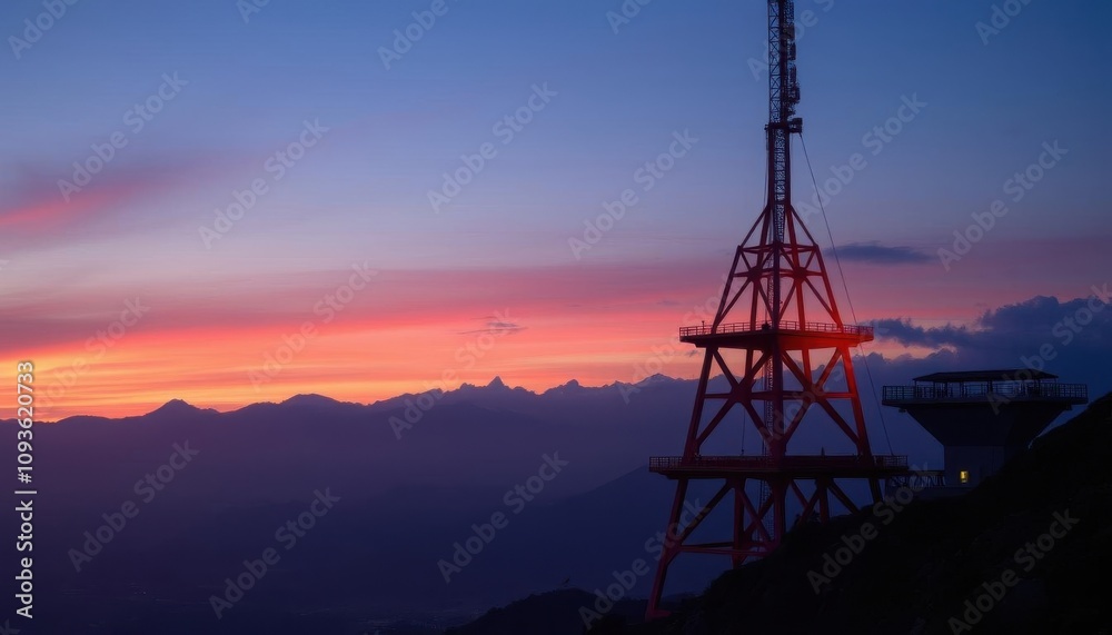 tower with a red light on top of a mountain tower with a red light on top of a mountain