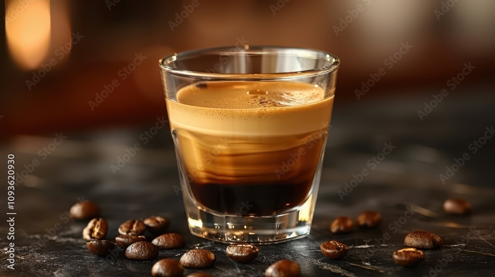 Rich espresso served in a clear glass alongside roasted coffee beans on a dark surface. Generative AI Rich espresso served in a clear glass alongside roasted coffee beans on a dark surface. Generative AI