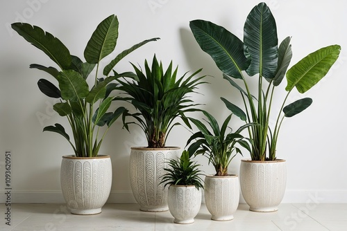 Elegant Ceramic Planters with Lush Tropical Plants and Exotic Leaves on Clean Background