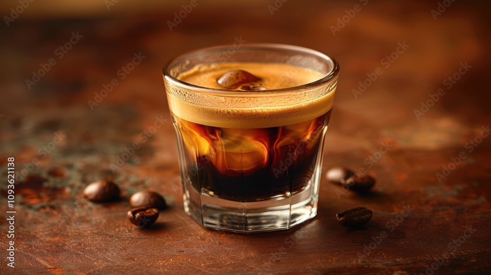 Rich espresso layered with creamy froth and coffee beans on rustic table setting. Generative AI Rich espresso layered with creamy froth and coffee beans on rustic table setting. Generative AI