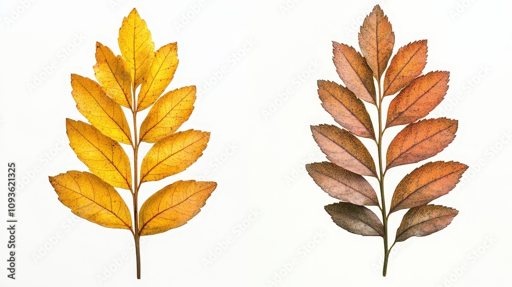 Autumn leaves: yellow and brown ferns on white background Autumn leaves: yellow and brown ferns on white background