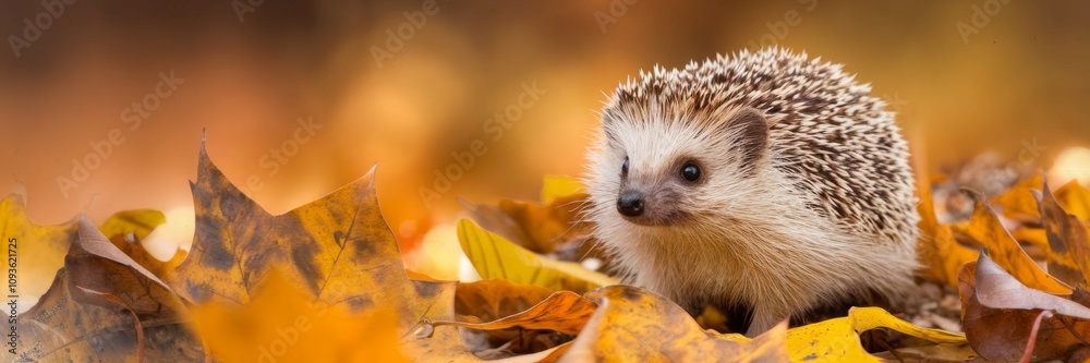 Obraz premium A little hedgehog among the autumn leaves. The background is made in the form of a blurred gradient. The banner creates a feeling of autumn tranquility and natural beauty.
