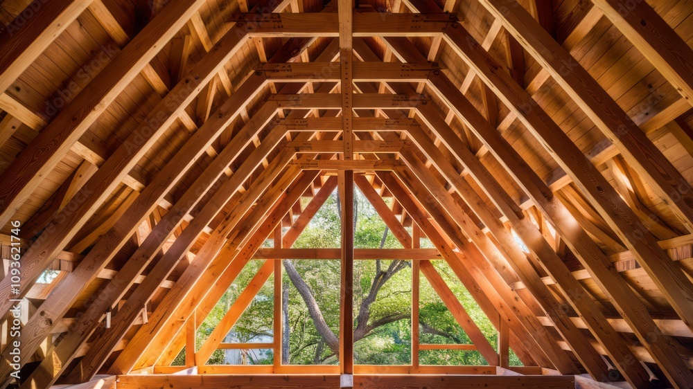 Wooden beams in the Attic: A unique perspective of a wooden attic with intricate beams, framing a window that overlooks lush green trees. The natural sunlight illuminating the structure. Wooden beams in the Attic: A unique perspective of a wooden attic with intricate beams, framing a window that overlooks lush green trees. The natural sunlight illuminating the structure.