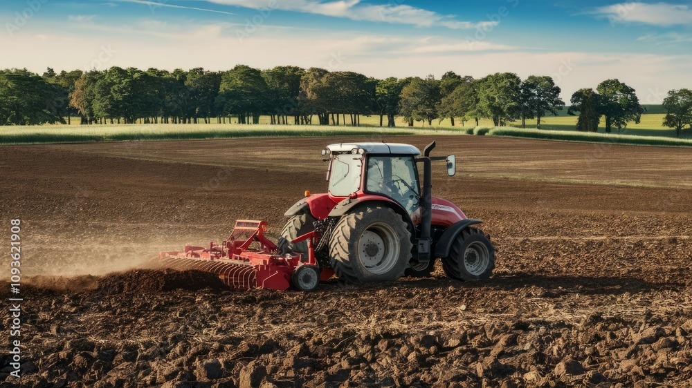 Obraz premium Tractor Tilling the Soil: A powerful red tractor with a rotating tiller plows through a field of rich brown soil, preparing the land for planting.
