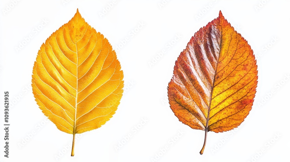 Vibrant yellow and brown autumn leaves on a white background Vibrant yellow and brown autumn leaves on a white background