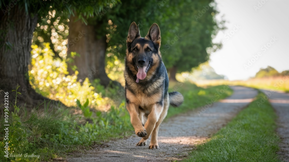 German Shepherd on the Path: A dynamic German Shepherd sprints confidently down a rustic pathway, captured in the radiant glow of natural light, amidst verdant surroundings German Shepherd on the Path: A dynamic German Shepherd sprints confidently down a rustic pathway, captured in the radiant glow of natural light, amidst verdant surroundings