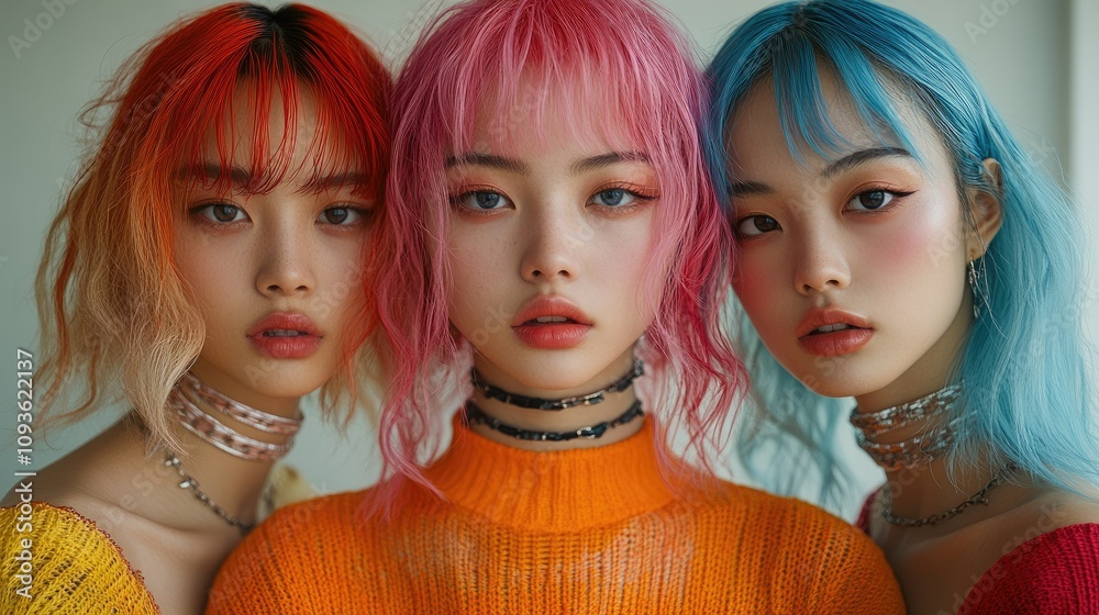 Three young women with colorful hair in vibrant outfits, showcasing modern beauty and style.