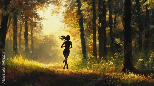 Woman Running Through a Sunlit Forest Path