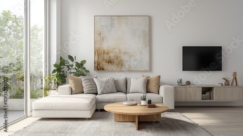 Minimalist living room interior design with a sectional sofa, coffee table, and artwork