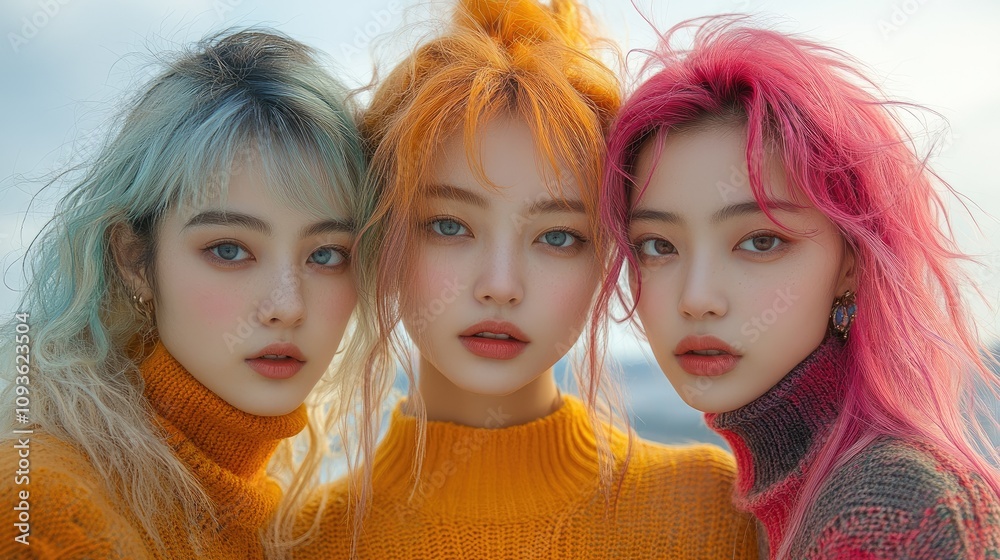 Three young women with colorful hair, styled in cozy sweaters, posing outdoors. Three young women with colorful hair, styled in cozy sweaters, posing outdoors.
