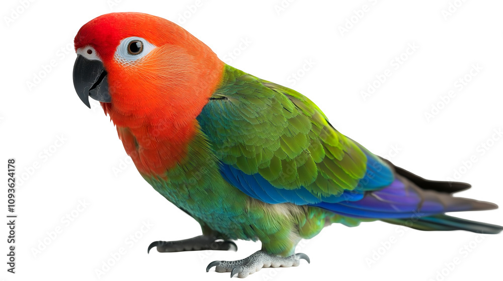 Fototapeta premium A colorful parrot with bright red, green, and blue feathers isolated on a transparent background, PNG
