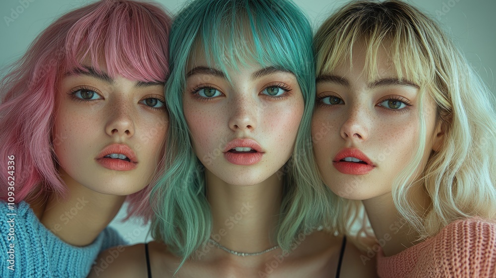 Three young women with colorful hairstyles pose closely, showcasing beauty and fashion. Three young women with colorful hairstyles pose closely, showcasing beauty and fashion.