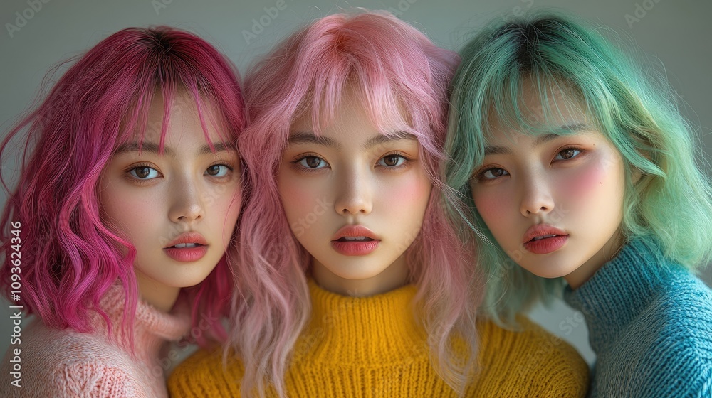 Three young women with colorful hairstyles pose together, showcasing vibrant fashion and beauty. Three young women with colorful hairstyles pose together, showcasing vibrant fashion and beauty.