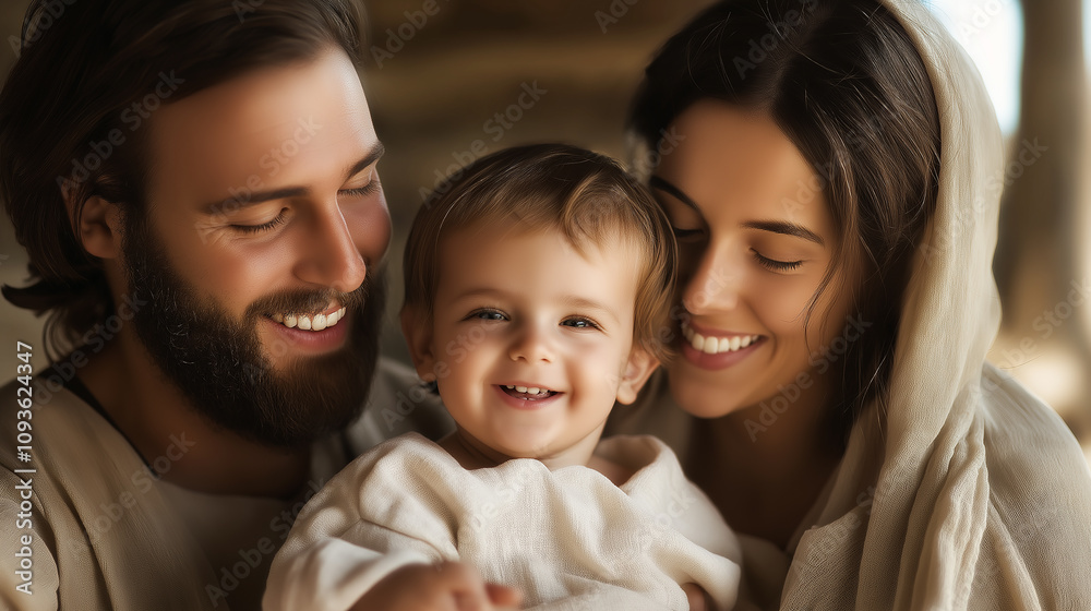 Holy family smiling and embracing their baby Holy family smiling and embracing their baby