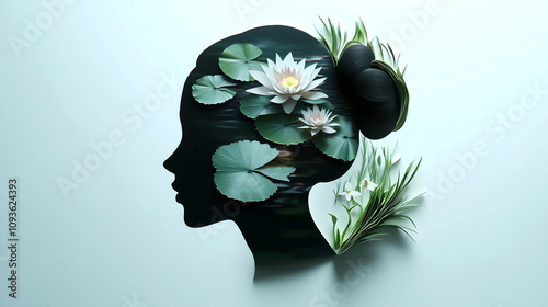 Silhouette of a woman head with blooming water lilies in pond,  symbolizing calm mental state, healthy mind and positive emotions