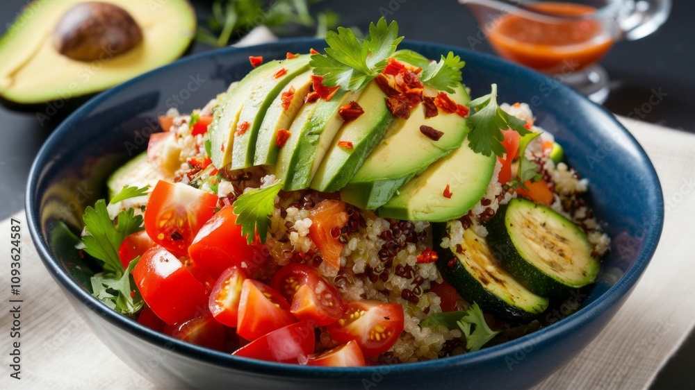 Avocado Salad in a Bowl: A vibrant and nutritious salad, artfully presented in a bowl, showcasing fresh avocado slices, juicy cherry tomatoes, and a medley of healthy ingredients. Avocado Salad in a Bowl: A vibrant and nutritious salad, artfully presented in a bowl, showcasing fresh avocado slices, juicy cherry tomatoes, and a medley of healthy ingredients.